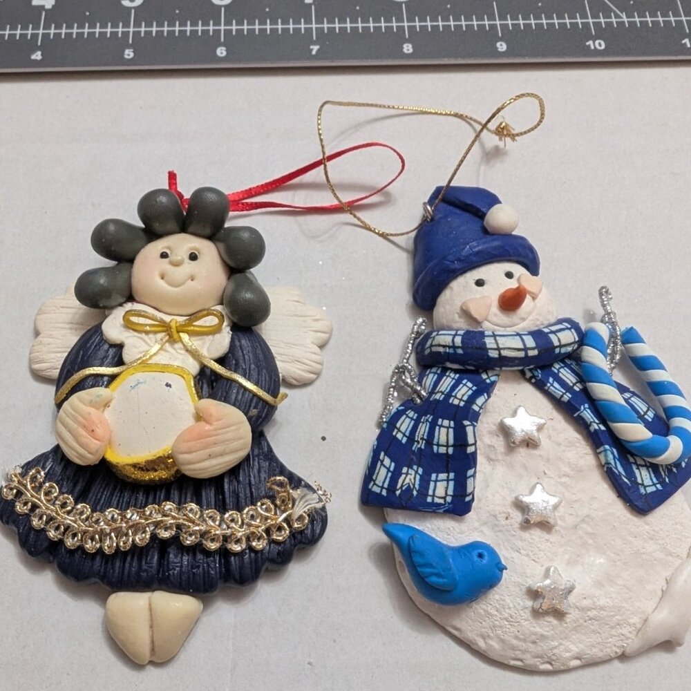 Model Clay Dough Christmas Ornaments Girl & Snowman 4 inch lot of 2 textured